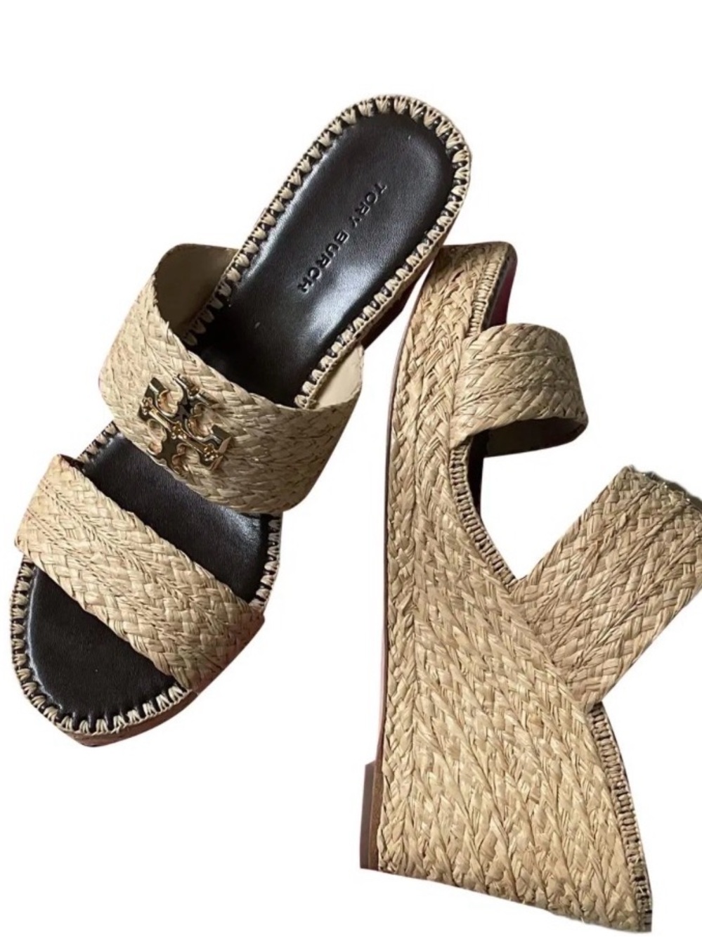 Tory Burch Everly Raffia Wedge Slide Sandals size 7 $320 EUC